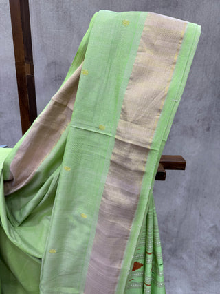 Parrot Green Cotton Paithani Saree-SRPGCPS345