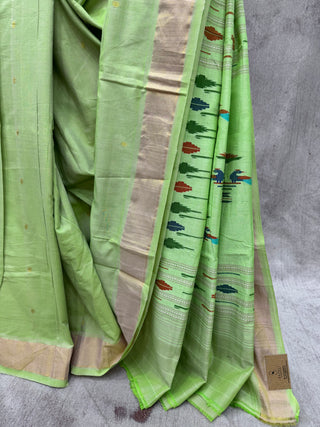 Parrot Green Cotton Paithani Saree-SRPGCPS345