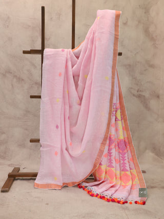 Pink Linen Jamdani Saree - SRPLJS59