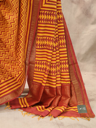 Maroon-Yellow HBP Handloom Cotton Maheshwari Saree-SRMYKCMS15