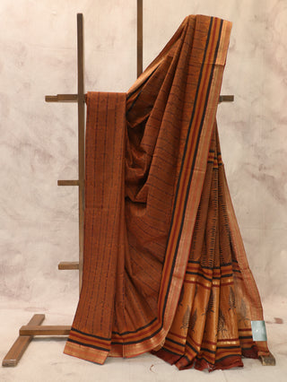 Brown HBP Handloom Cotton Maheshwari Saree With Golden Zari Work (RD13)