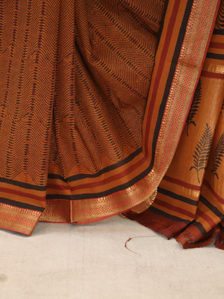 Brown HBP Handloom Cotton Maheshwari Saree With Golden Zari Work (RD13)