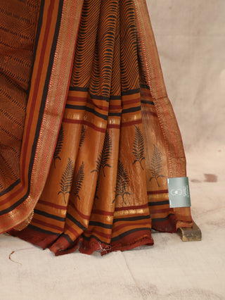 Brown HBP Handloom Cotton Maheshwari Saree With Golden Zari Work (RD13)