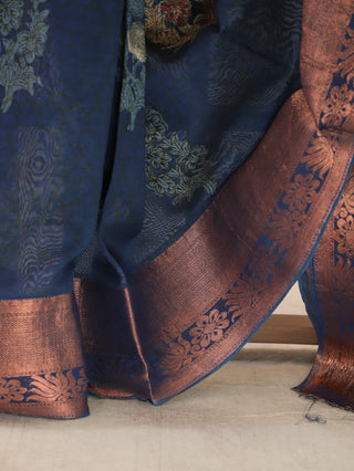 Navy Blue HBP Cotton Silk Chanderi Saree With Copper Zari Work-SRNBCSCS286