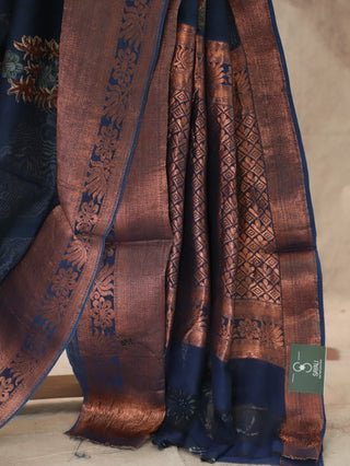 Navy Blue HBP Cotton Silk Chanderi Saree With Copper Zari Work-SRNBCSCS286