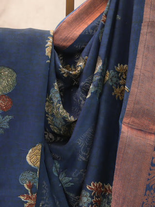 Navy Blue HBP Cotton Silk Chanderi Saree With Copper Zari Work-SRNBCSCS286