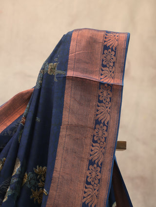 Navy Blue HBP Cotton Silk Chanderi Saree With Copper Zari Work-SRNBCSCS286