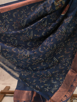 Navy Blue HBP Cotton Silk Chanderi Saree With Copper Zari Work-SRNBCSCS286