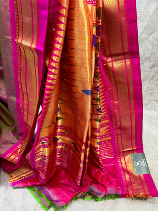 Two Tone Pink-Green Silk Paithani Saree - SRPGSPS173