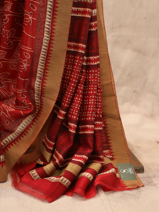 Red HBP Cotton Silk Chanderi Saree With Ghicha Border - SRRCSCS302
