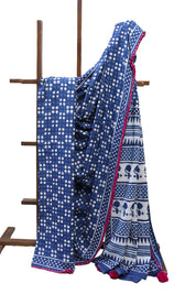 Indigo HBP Cotton Saree With Beads-SRICS168