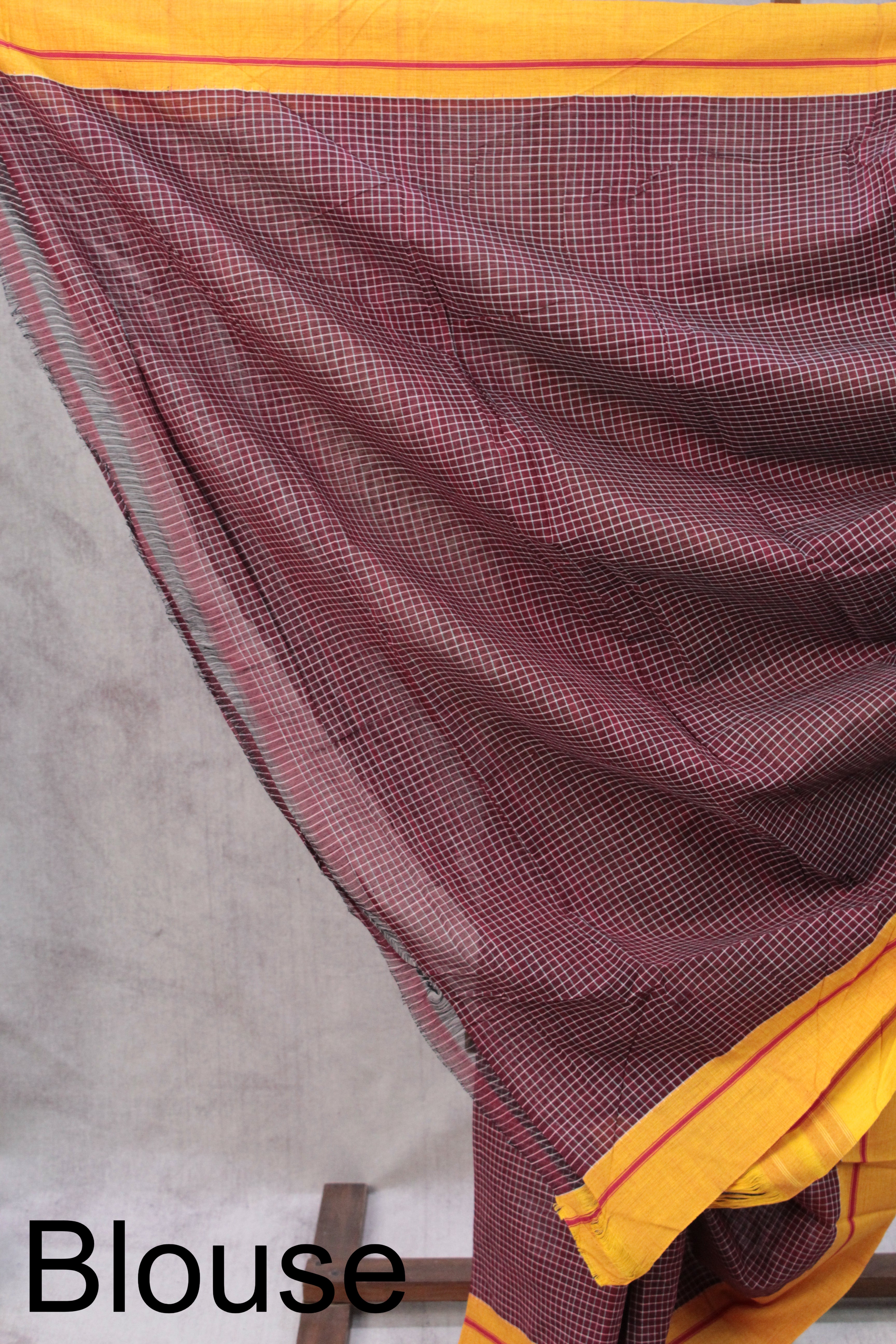 Maroon Big Checks Cotton Patteda Anchu Saree Blouse