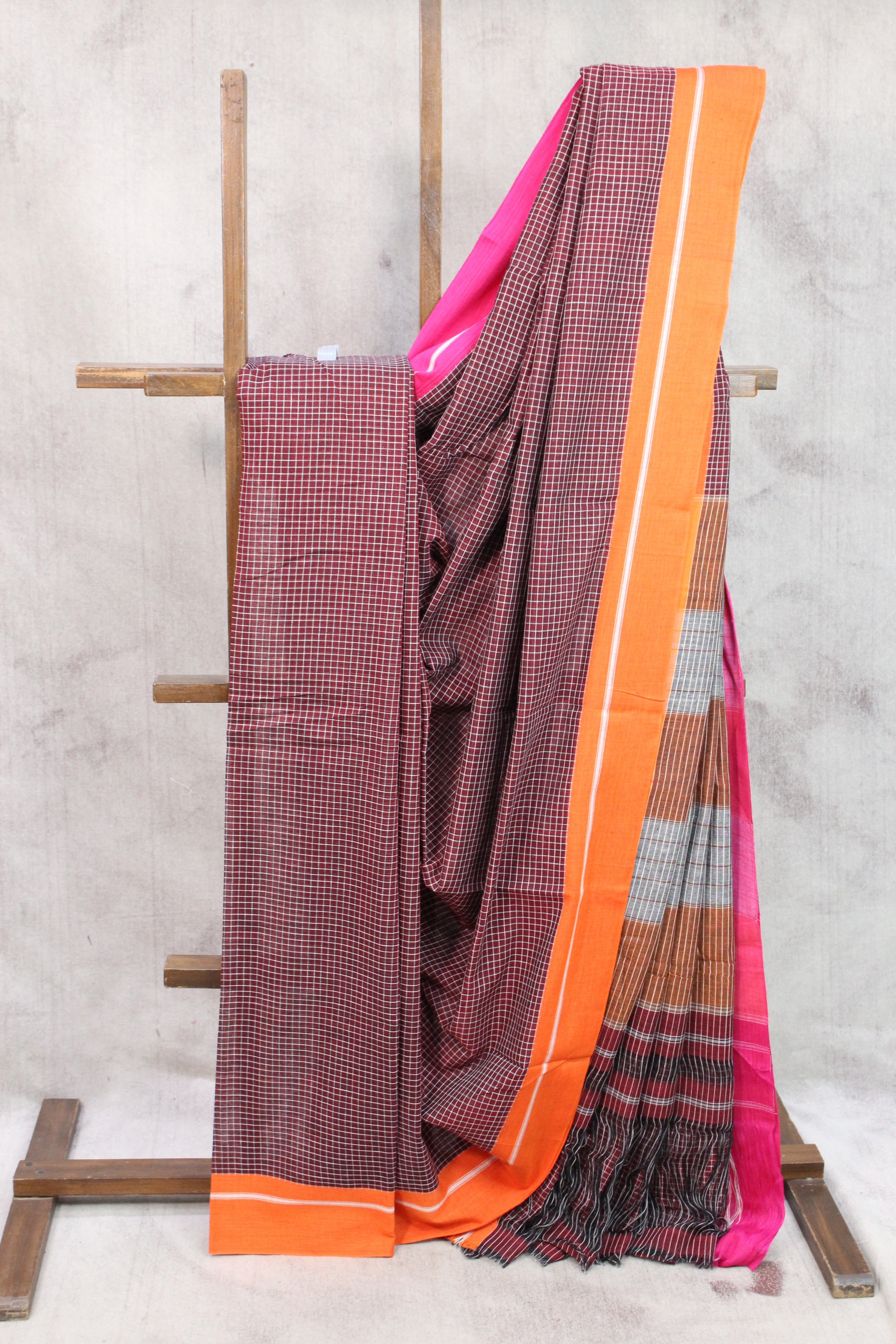 Maroon Big Checks Cotton Patteda Anchu Saree