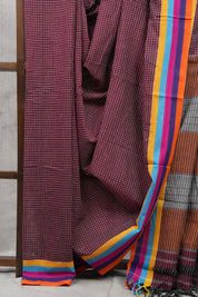 Maroon Big Checks Cotton Patteda Anchu Saree