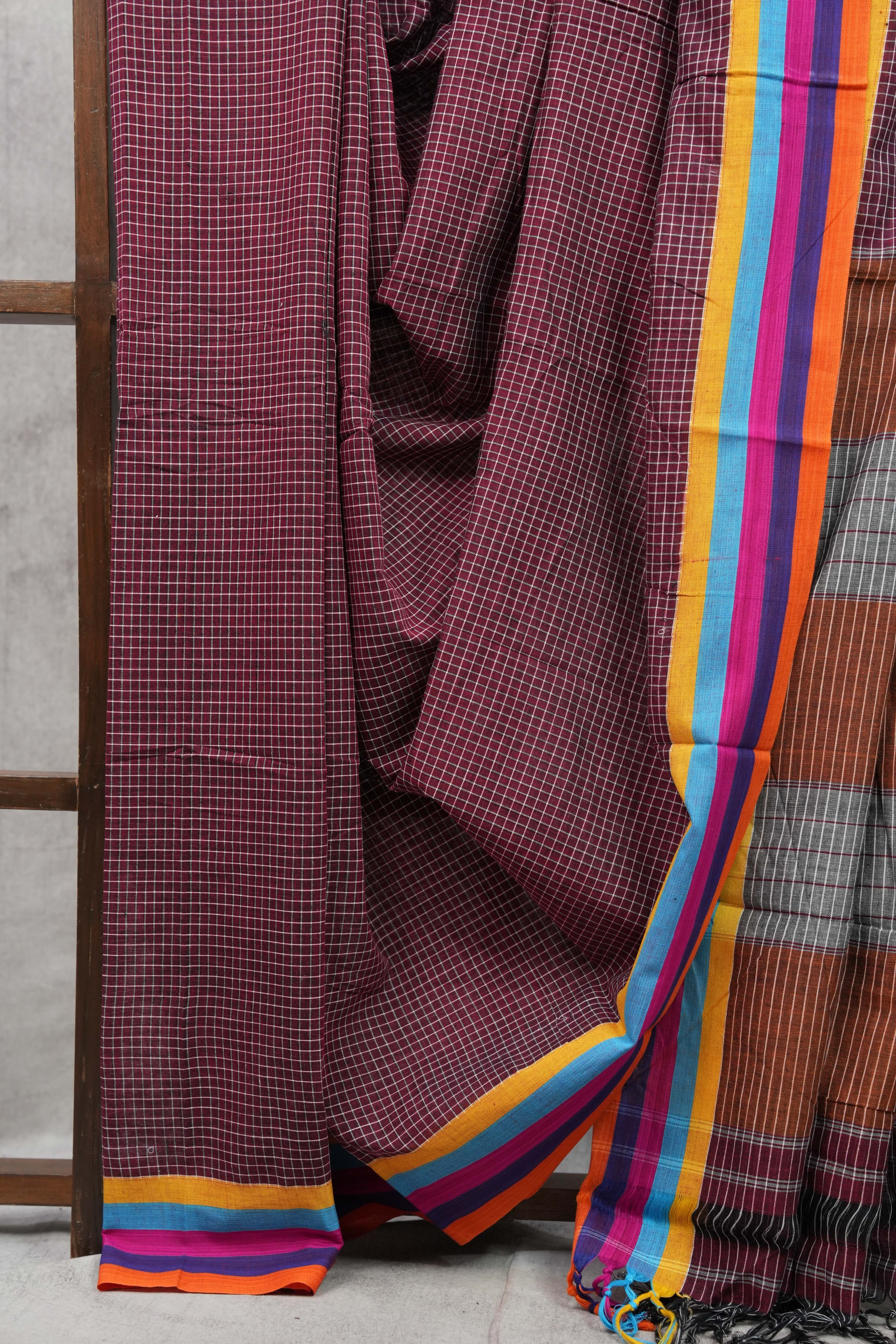 Maroon Big Checks Cotton Patteda Anchu Saree