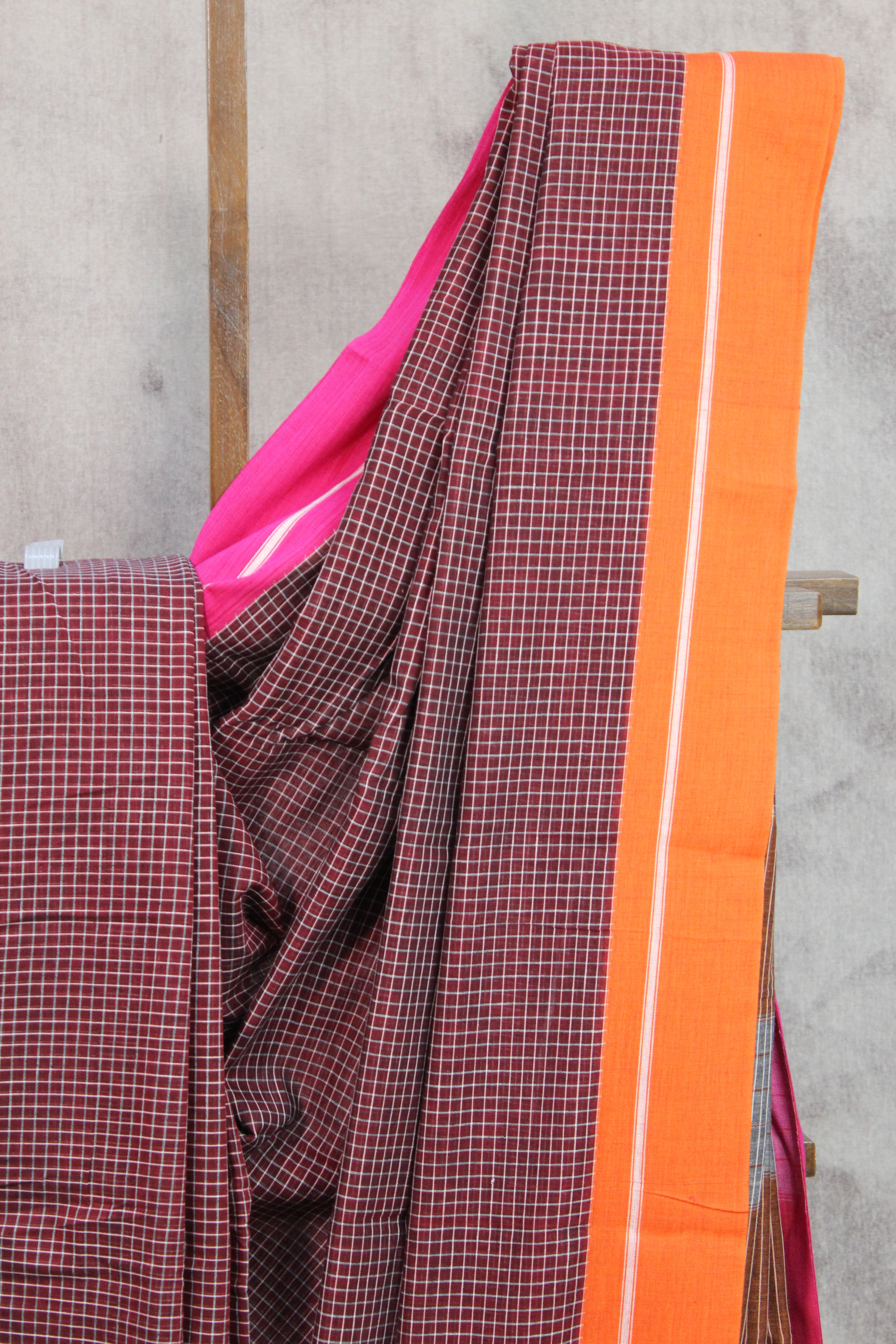 Maroon Big Checks Cotton Patteda Anchu Saree