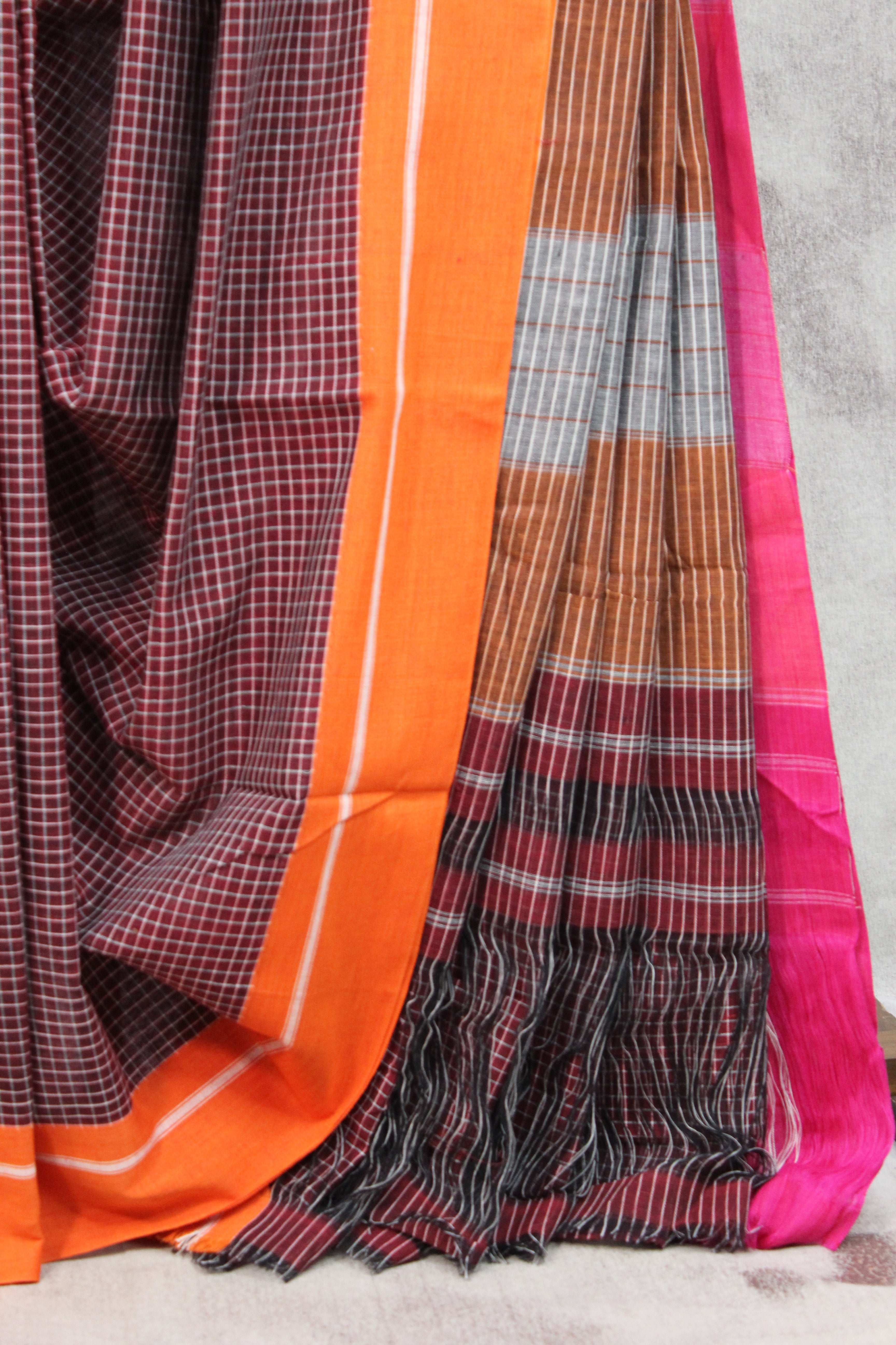 Maroon Big Checks Cotton Patteda Anchu Saree