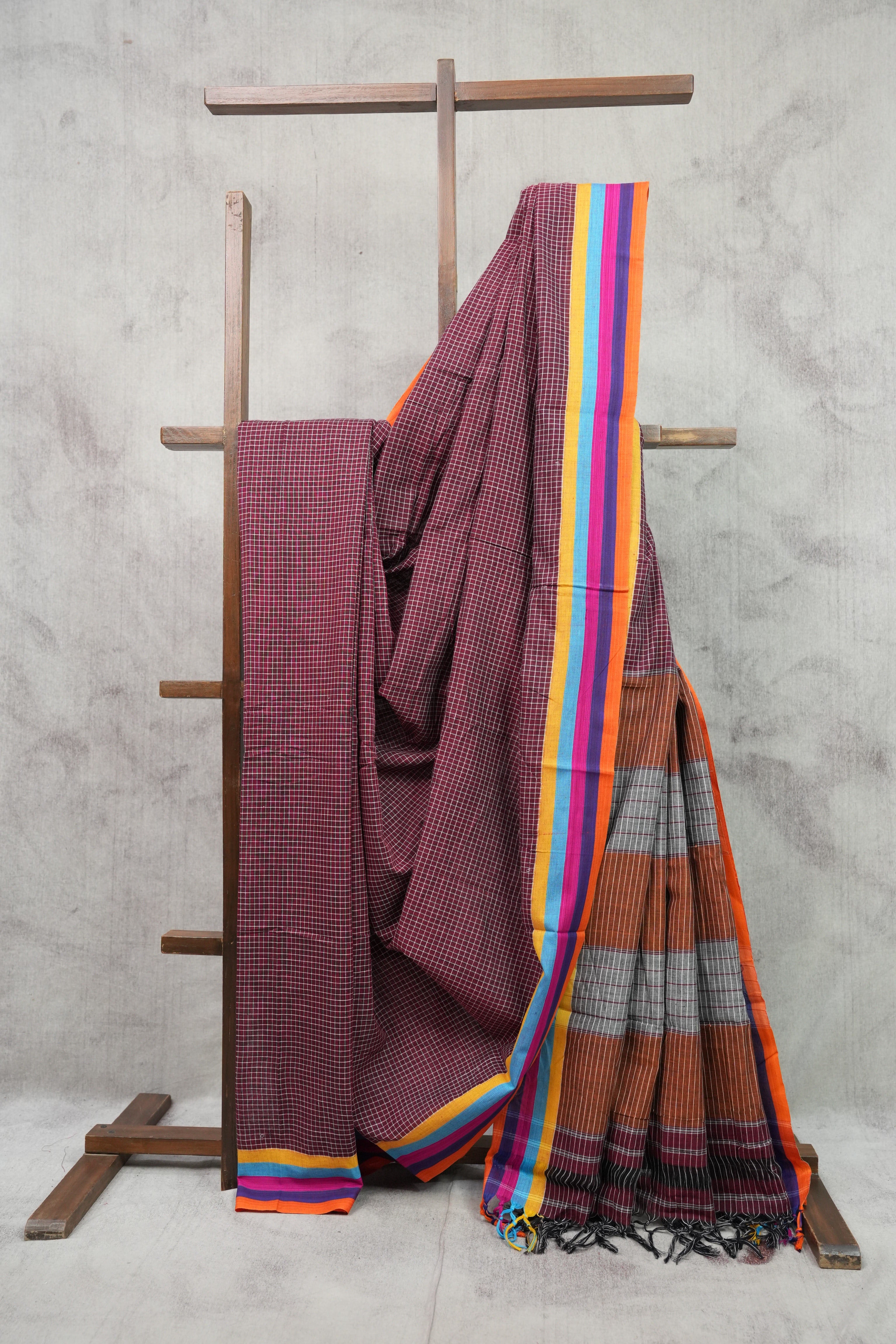 Maroon Big Checks Cotton Patteda Anchu Saree