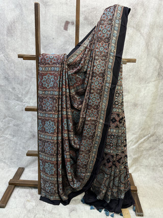 Midnight Blue Ajrakh Print Modal Silk Saree - SRMBAPMSS185
