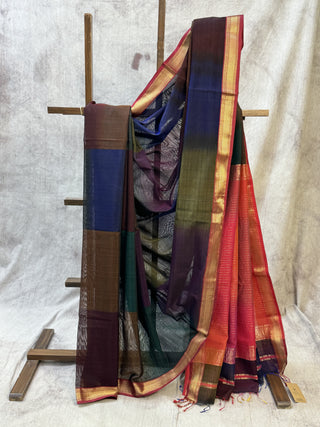Multicoloured Peacock Cotton Silk Maheshwari Saree -SRMPCSMS263