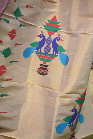 Plain Peacock Blue Kanjeevaram Silk Saree With Pink Skirt Border