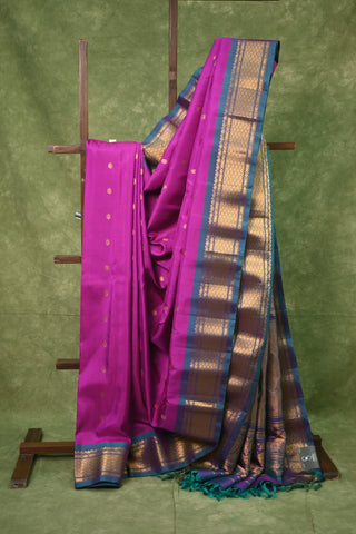 Parrot Green Kanjeevaram Silk Saree With Purple Golden Zari Border