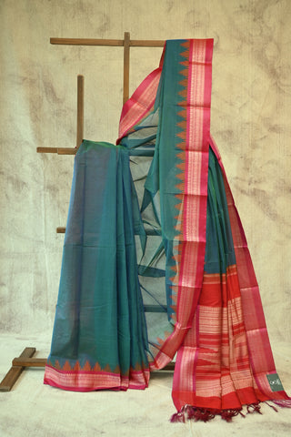 Peacock Green Kanchi Cotton Saree With Kanjeevaram Silk Pallu