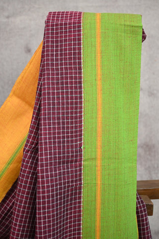 Maroon Big Checks Cotton Patteda Anchu Saree With Yellow And Green Border(RD22)