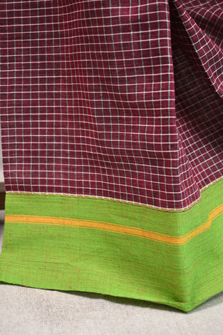 Maroon Big Checks Cotton Patteda Anchu Saree With Yellow And Green Border(RD22)