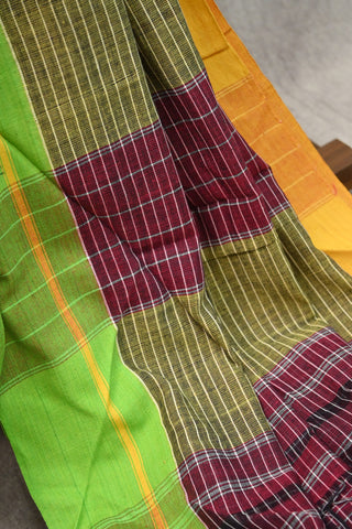 Maroon Big Checks Cotton Patteda Anchu Saree With Yellow And Green Border(RD22)