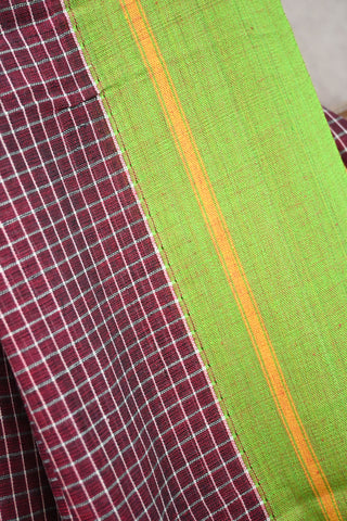 Maroon Big Checks Cotton Patteda Anchu Saree With Yellow And Green Border(RD22)