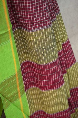 Maroon Big Checks Cotton Patteda Anchu Saree With Yellow And Green Border(RD22)