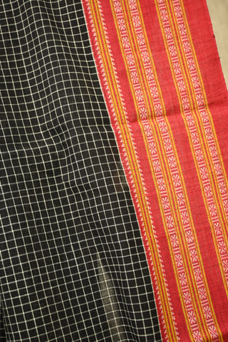 Black Big Checks Cotton Patteda Anchu Saree With Red Gomi Border