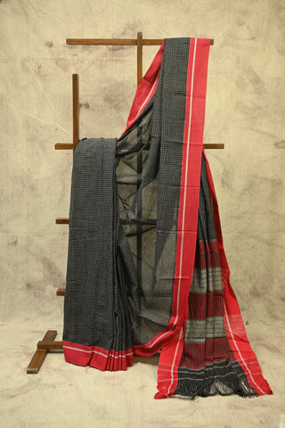 Black Big Checks Cotton Patteda Anchu Saree With Red Border -SRBPAS59