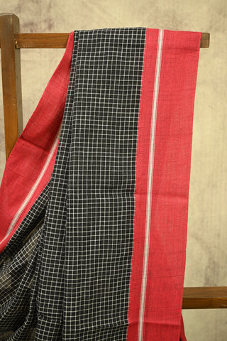 Black Big Checks Cotton Patteda Anchu Saree With Red Border -SRBPAS59