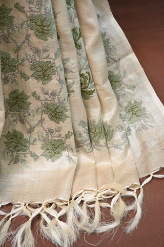 Beige Machine Embroidery Tussar Silk Saree - SRBMETSS4