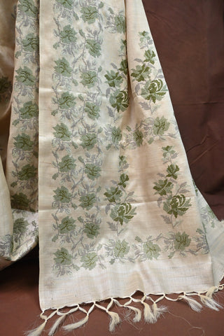 Beige Machine Embroidery Tussar Silk Saree - SRBMETSS4