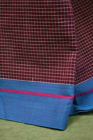 Maroon Big Checks Patteda Anchu Saree With Sky Blue-Pink Border