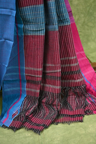 Maroon Big Checks Patteda Anchu Saree With Sky Blue-Pink Border