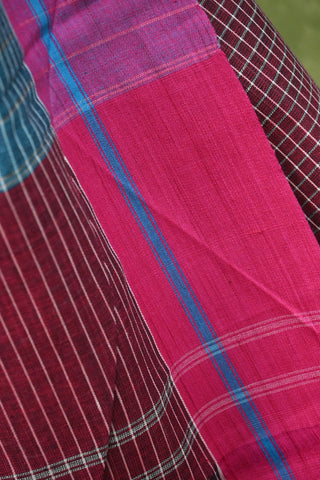 Maroon Big Checks Patteda Anchu Saree With Sky Blue-Pink Border