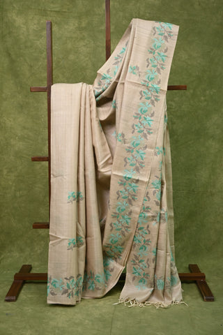 Beige Machine Embroidered Tussar Silk Saree-SRBMETSS23