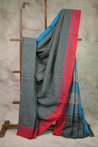 Bottle Green Small Checks Patteda Anchu Saree With Red-Sky Blue Border