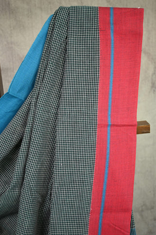 Bottle Green Small Checks Patteda Anchu Saree With Red-Sky Blue Border