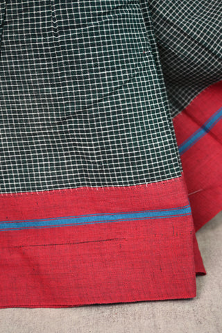 Bottle Green Small Checks Patteda Anchu Saree With Red-Sky Blue Border