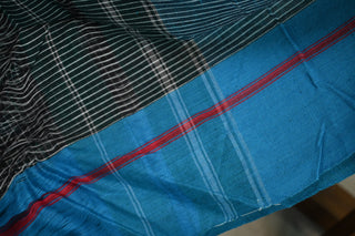 Bottle Green Small Checks Patteda Anchu Saree With Red-Sky Blue Border