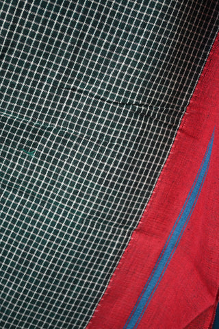 Bottle Green Small Checks Patteda Anchu Saree With Red-Sky Blue Border