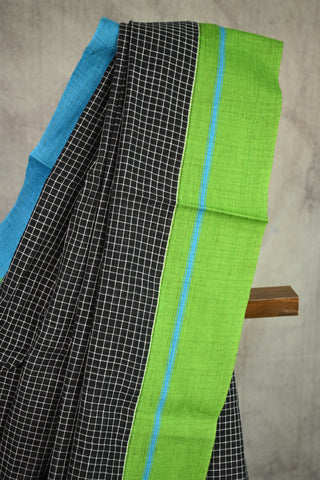 Big Checks Black Patteda Anchu With Sky Blue-Green Border