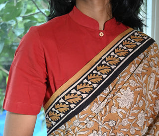 Stand Collar Burnt Red Plain Cotton Blouse