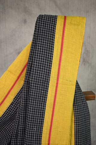 Black Big Checks Patteda Anchu Saree With Yellow Border