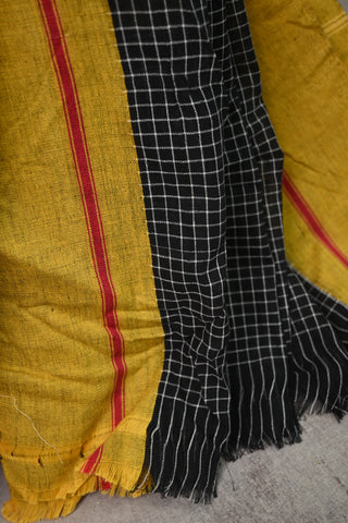 Black Big Checks Patteda Anchu Saree With Yellow Border